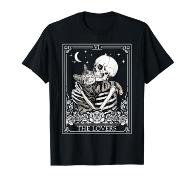 Tarot Card Skeleton Hugging Cat Halloween Apparel The Lovers Tarot Card Skeleton Hugging Cat Men Women Kids T-Shirt