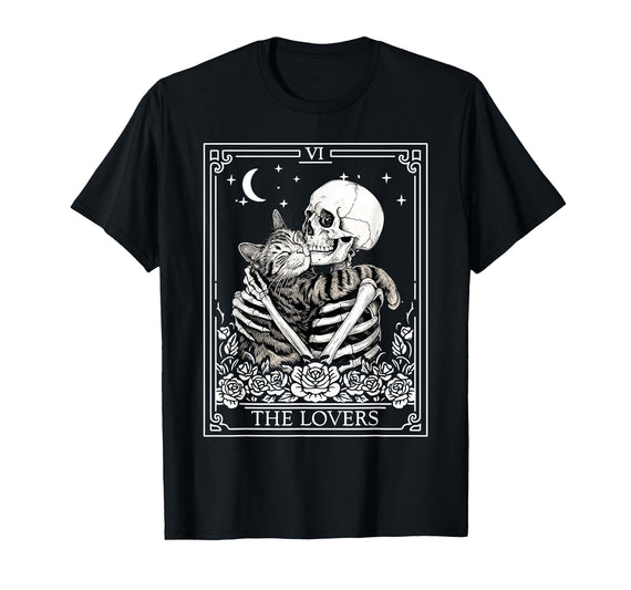 Tarot Card Skeleton Hugging Cat Halloween Apparel The Lovers Tarot Card Skeleton Hugging Cat Men Women Kids T-Shirt - Black