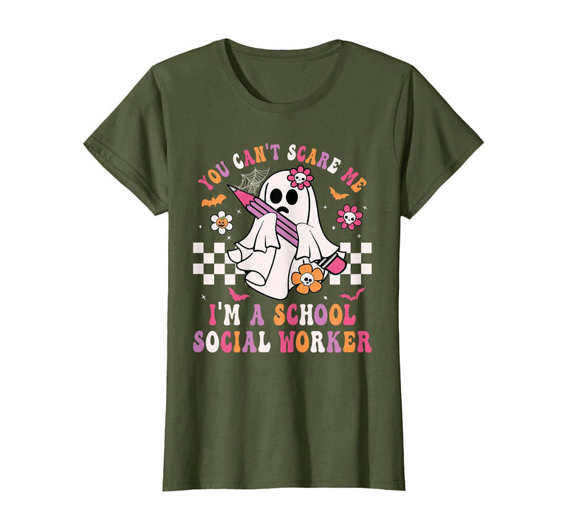 Groovy Ghost School Social Worker Halloween Shirt You Can't Scare Me I'm a School Social Worker Halloween T-Shirt - Olive