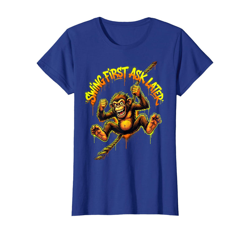 Mademark Swing First Ask Later Funny Monkey Design T-Shirt - Women - Royal Blue