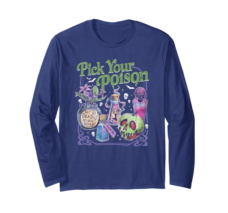Spooky Season Funny Halloween Tee Pick Your Poison, Vintage Princess Halloween Long Sleeve T-Shirt - Navy Blue