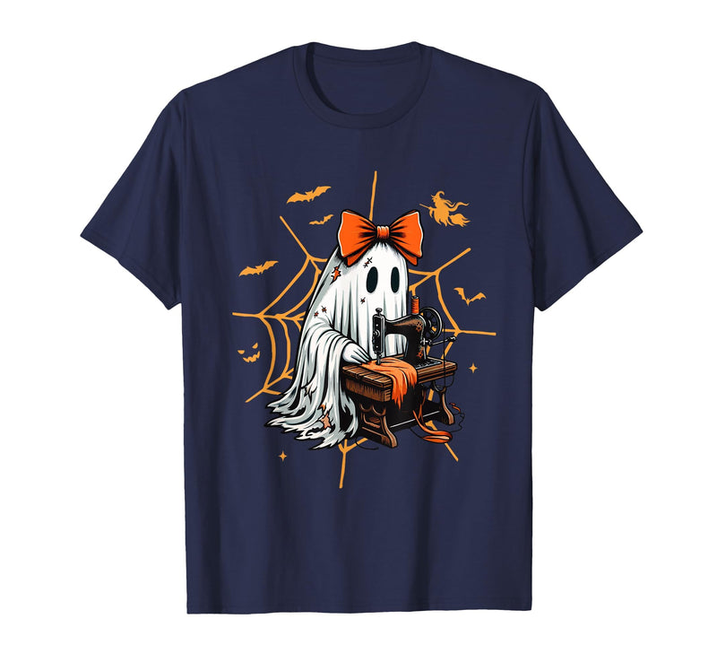 Ghost Quilter Sewing Halloween Costume Cute Ghost Quilter Sewing Halloween Scary Costume Retro T-Shirt - Navy Blue