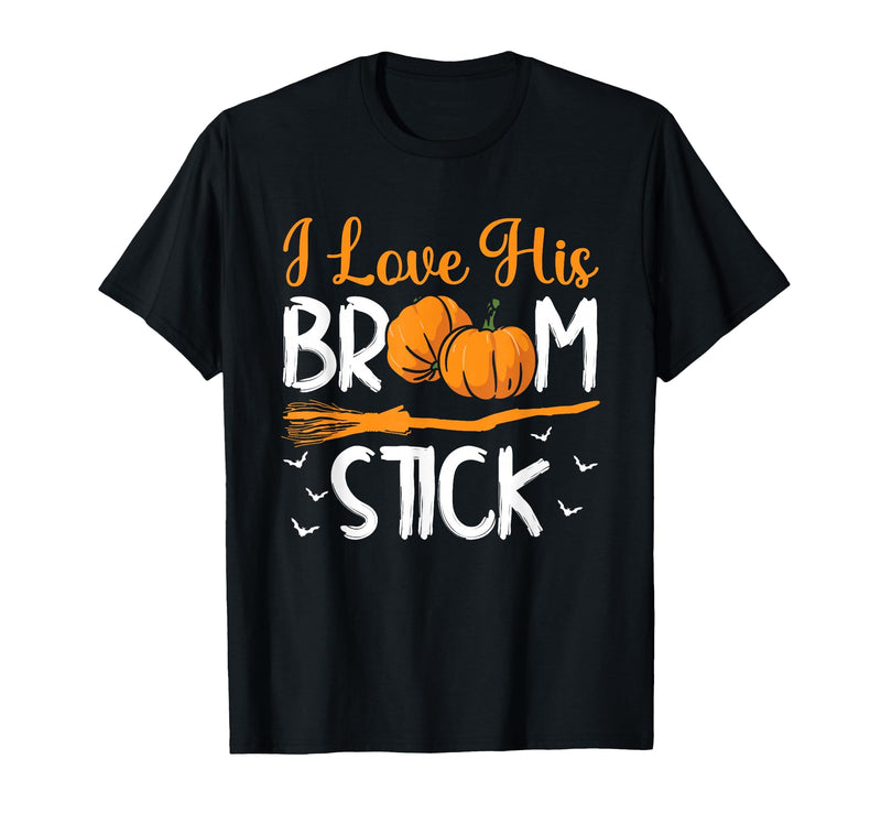 Match Halloween Couple Costumes I Love His Broomstick I Love Her Pumpkins T-Shirt - Black