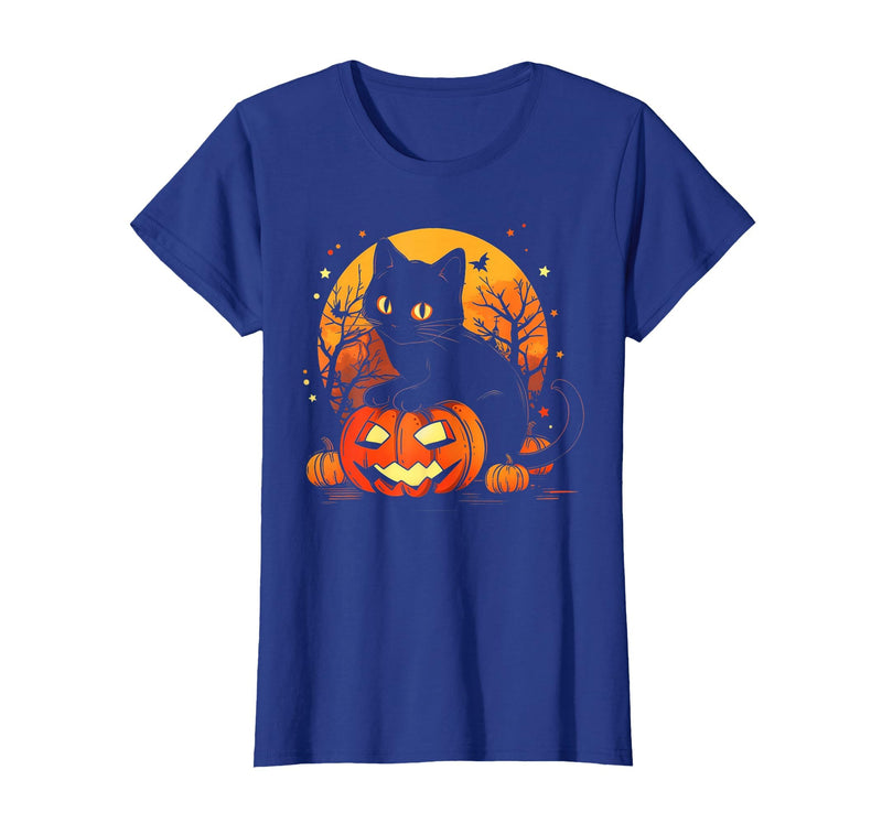 Black Cat Halloween Pumpkin Gifts Retro Black Cat Halloween Pumpkin Costume for Women Men Kids T-Shirt - Royal Blue