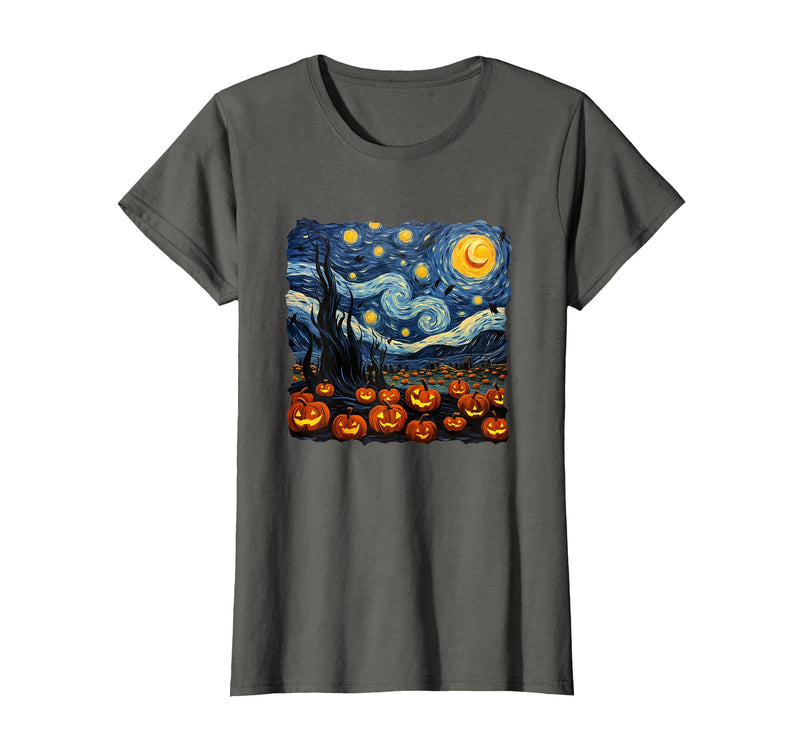 Teacher Halloween by K Halloween Pumpkin Starry Night Van Gogh Funny Art Teacher T-Shirt - Asphalt Grey