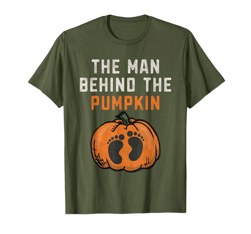 Halloween Pregnancy Announcement for Future Dad The Man Behind The Pumpkin Dad Halloween Pregnancy Reveal T-Shirt - Olive