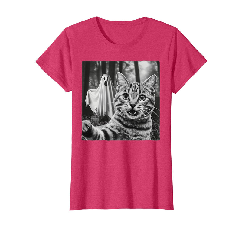Halloween Cat Selfie with Spooky Ghost t -shir t Halloween Cat Selfie with Spooky Ghost T-Shirt - Red Heather