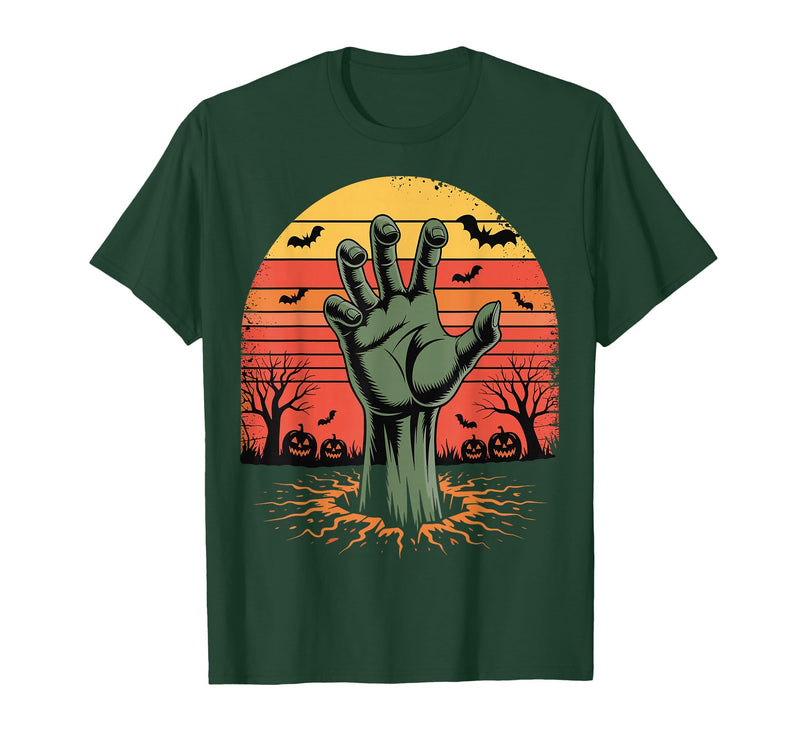 Creepy Undead Zombie Hand Retro Sunset Scary Zombie Hand Retro Sunset Halloween Horror Tee T-Shirt - Dark Green