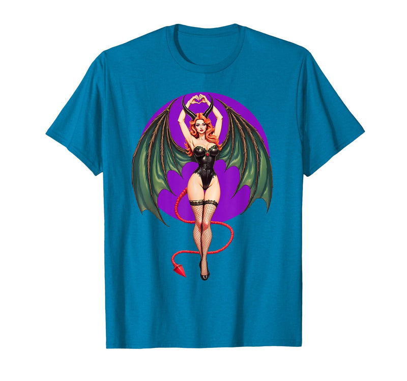 Classic Vintage Pin-Up Sexy Girl by YUX Sexy Succubus Monster Halloween Hand Heart Pin-Up Girl Devil T-Shirt - Sapphire Blue