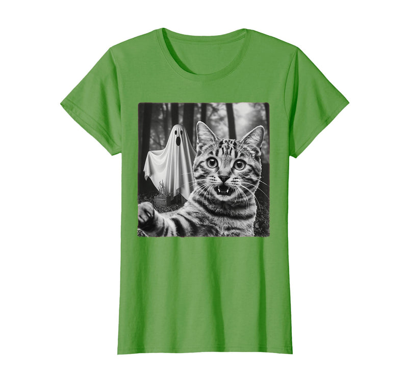 Halloween Cat Selfie with Spooky Ghost t -shir t Halloween Cat Selfie with Spooky Ghost T-Shirt - Grass Green
