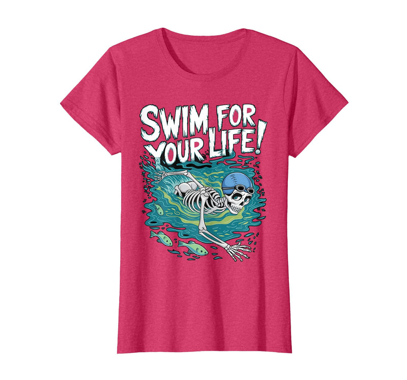 Swim Lover Halloween Custom Tee For Swimmers Kids Halloween Skeleton Swimming Swim for Your Life Swimmers Dad T-Shirt - Red