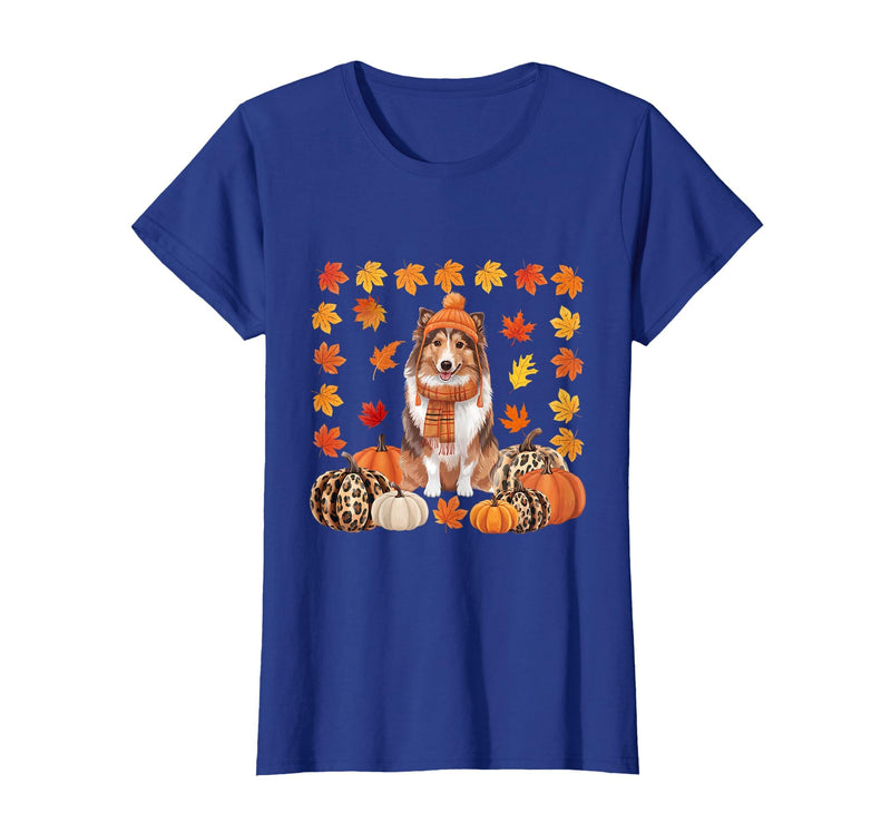 Shetland Sheepdog Sheltie Shop Sheltie Shetland Sheepdog Pumpkins Fall Leaves Halloween T-Shirt - Royal Blue
