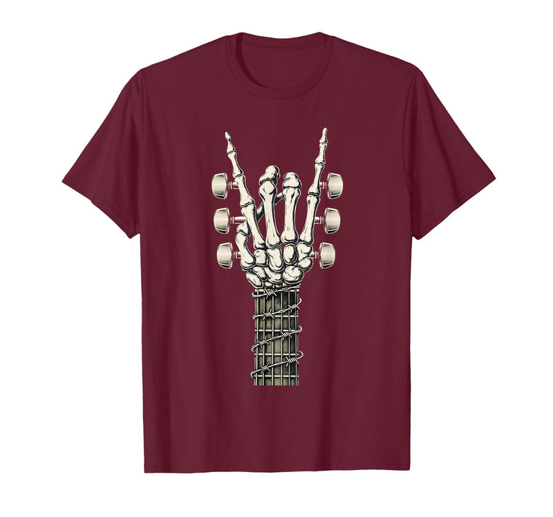 Rock and Wear Gifts Men Women Kids Skeleton Guitar Hand Rock On Guitarist Rock Band Music T-Shirt - Burgundy