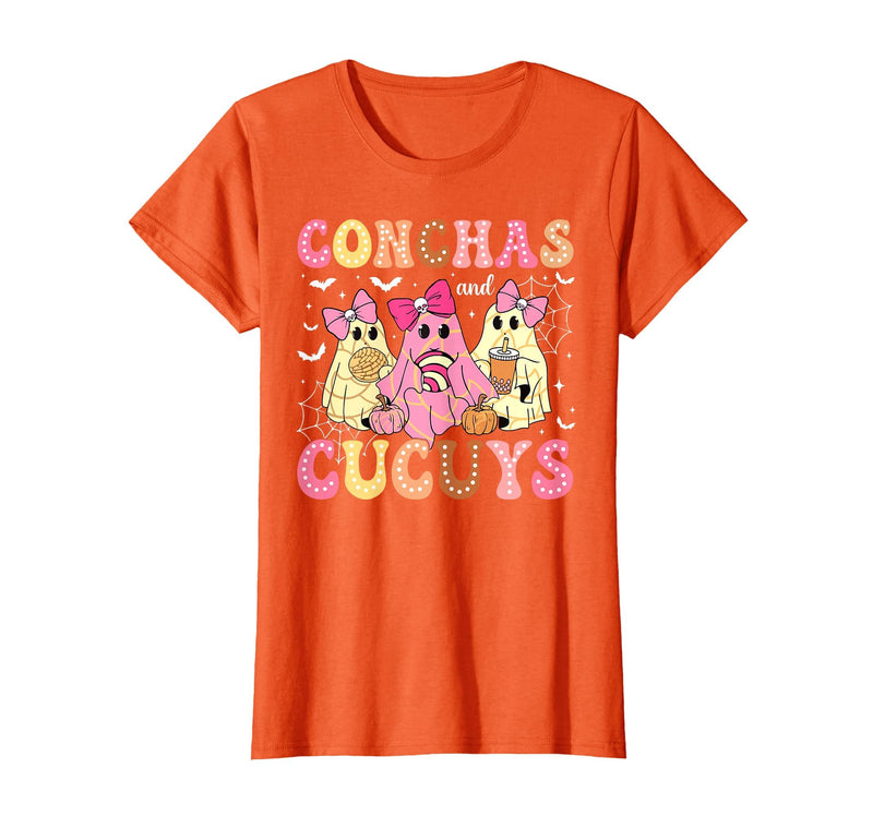 Funny Conchas and Cucuys Mexican Tees Halloween Cute Conchas and Cucuys Ghost Funny Halloween Mexican Ghost T-Shirt - Orange