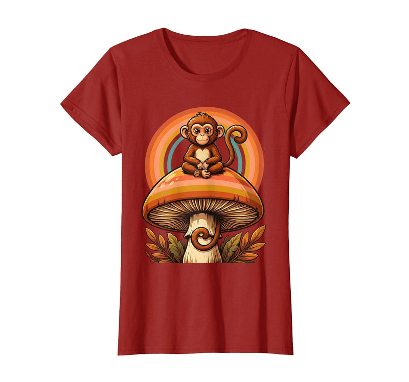 Mademark Monkey Perched on Giant Mushroom Illustration T-Shirt - Women - Cranberry Red