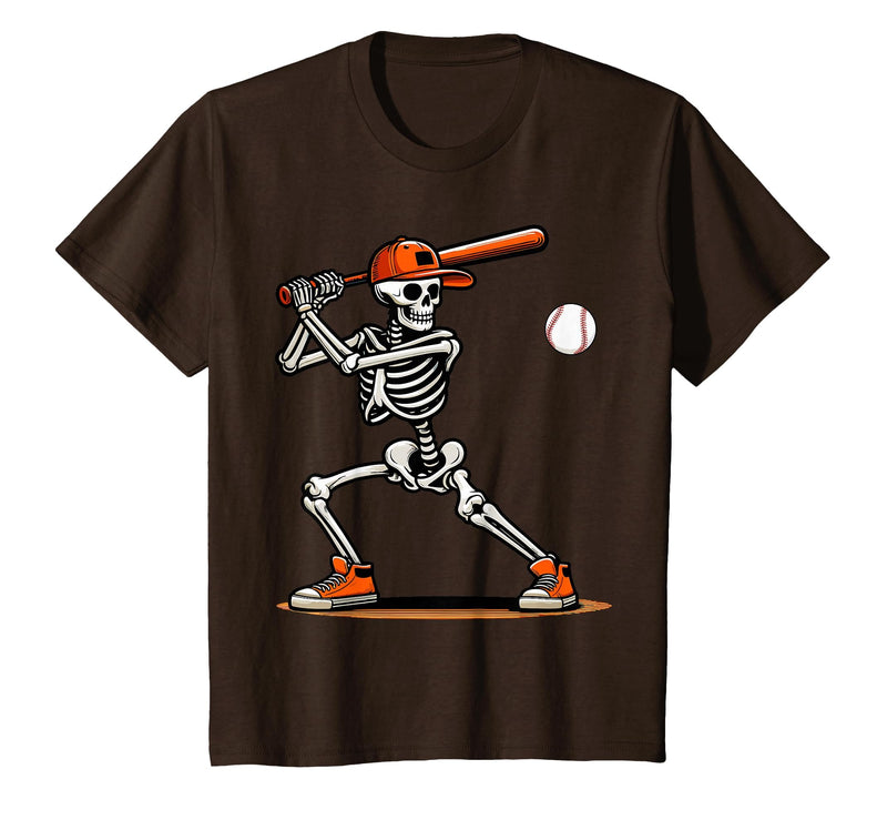 Funny Halloween Skeleton Sports Boys Costume Baseball Skeleton Spooky Boys Halloween Baseball Player T-Shirt - Brown