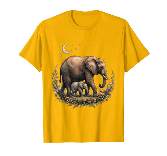 Mademark Elephant Mother and Calf Walking Together T-Shirt - Men - Golden Yellow