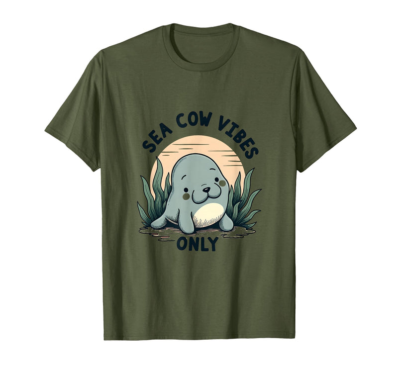 Mademark Sea Cow Vibes Only Manatee Design T-Shirt - Olive Green