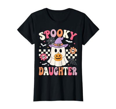 Ghost Spooky Daughter Retro Halloween Costume Groovy Spooky Daughter Retro Ghost Holding Pumpkin Halloween T-Shirt