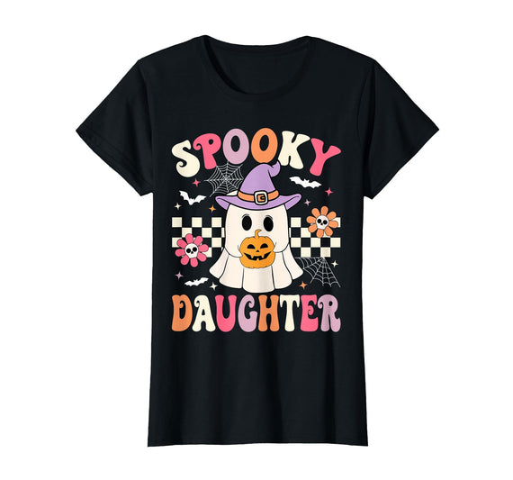 Ghost Spooky Daughter Retro Halloween Costume Groovy Spooky Daughter Retro Ghost Holding Pumpkin Halloween T-Shirt - Black