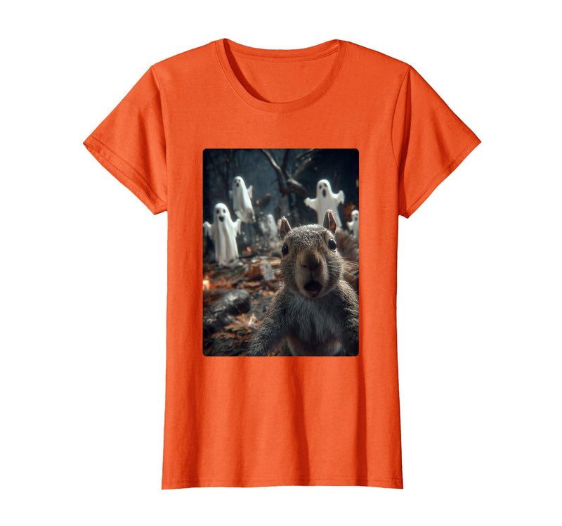 Funny Halloween Animals Selfies Clothing Funny Squirrel Selfie with Ghosts Haunted Forest Halloween T-Shirt - Orange
