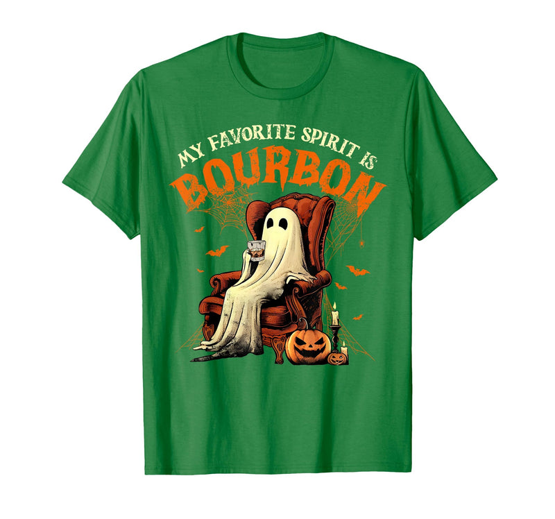 Bourbon Ghost Funny Halloween Drinking Apparel My Favorite Spirit is Bourbon Funny Halloween Ghost T-Shirt - Kelly Green