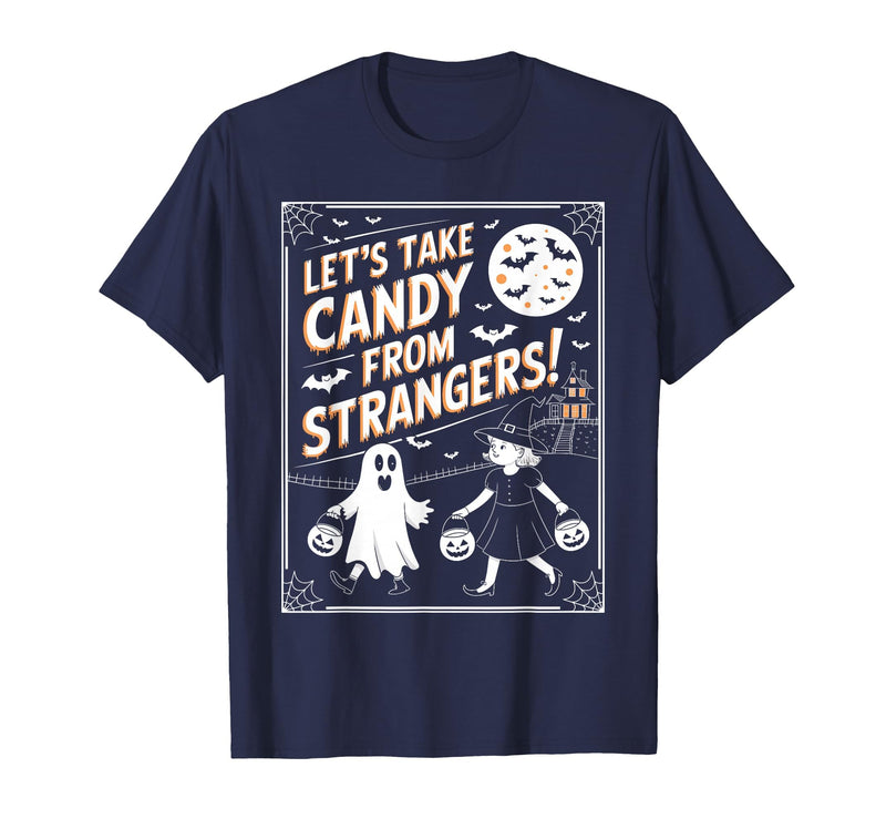 Classic Cool Candy Halloween Apparel Let's Take Candy from Strangers Retro Halloween T-Shirt - Navy Blue