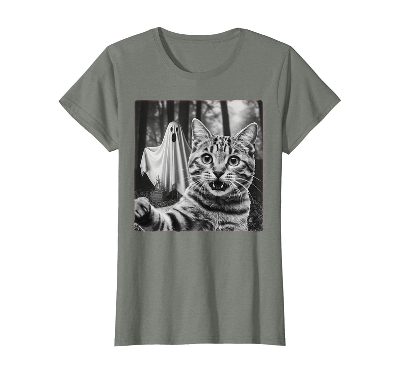 Halloween Cat Selfie with Spooky Ghost t -shir t Halloween Cat Selfie with Spooky Ghost T-Shirt - Olive Heather