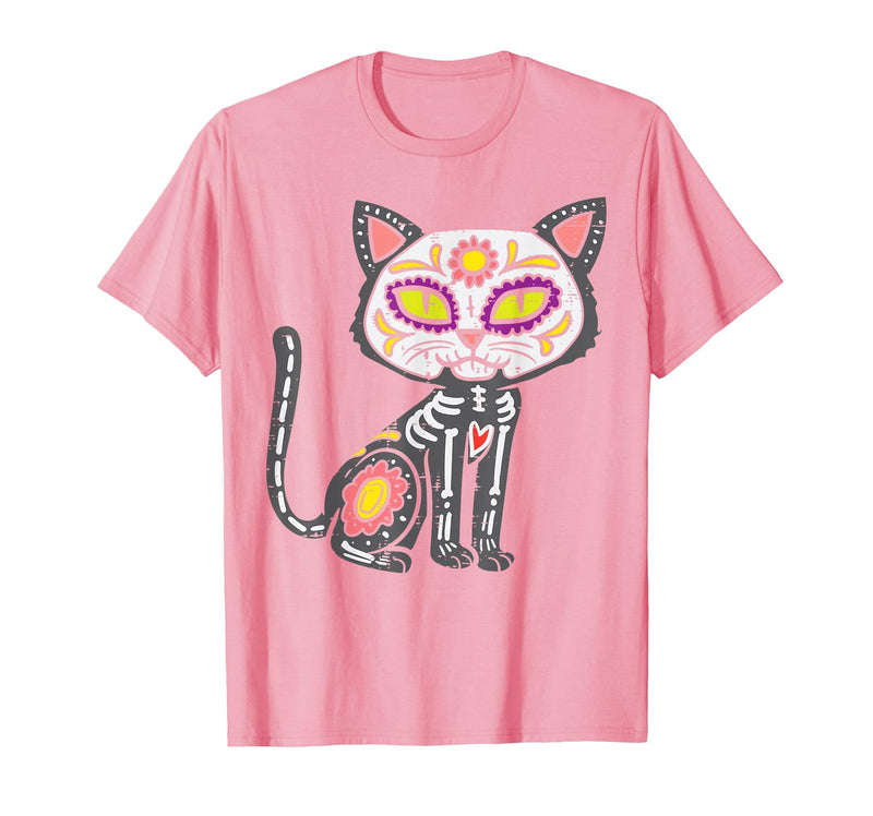 Halloween Cat Shirts For Women Men Kids Owner Sugar Skull Cat Dia De Muertos Day of Dead Halloween Mexican T-Shirt - Pink