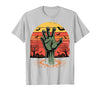 Creepy Undead Zombie Hand Retro Sunset Scary Zombie Hand Retro Sunset Halloween Horror Tee T-Shirt - Silver Grey