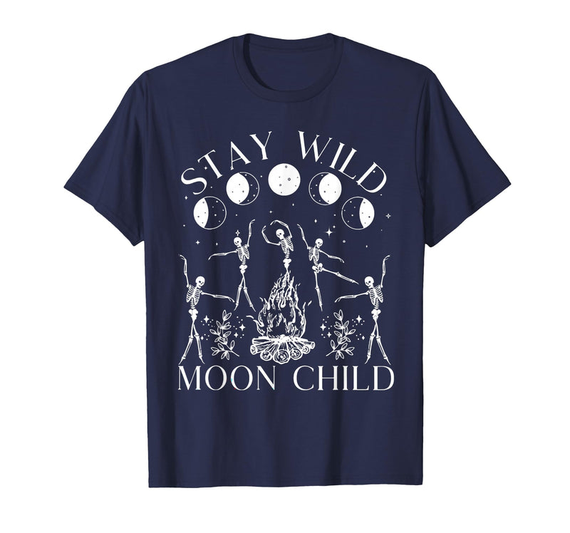 Funny Stay Wild Moon Child Tee Shirt Stay Wild Moon Child Funny Skeleton Dancing Halloween T-Shirt - Navy Blue