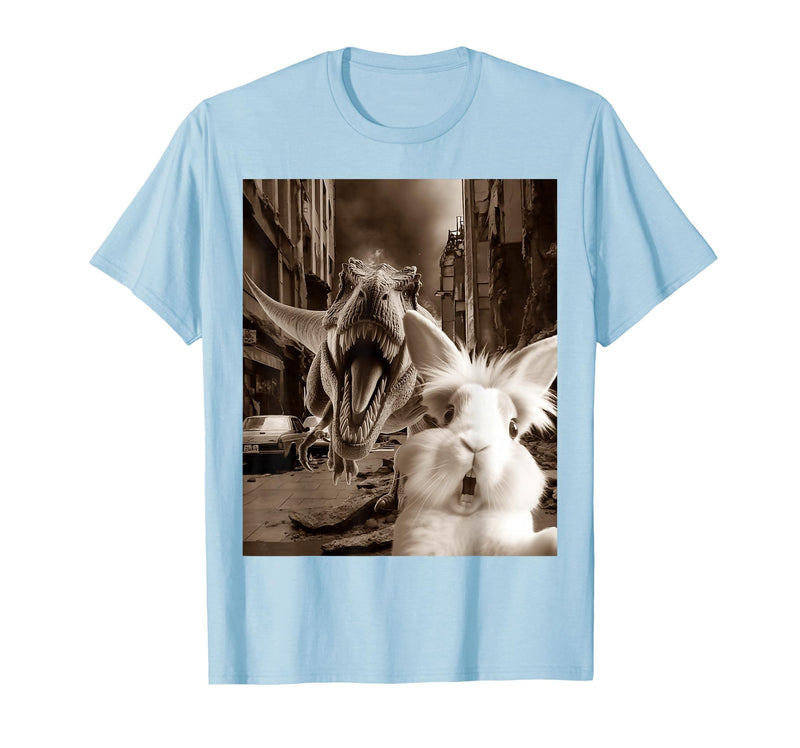 Funny Bunny Rabbit Selfie with T-Rex Tyrannosaurus Dinosaur T-Shirt in Baby Blue