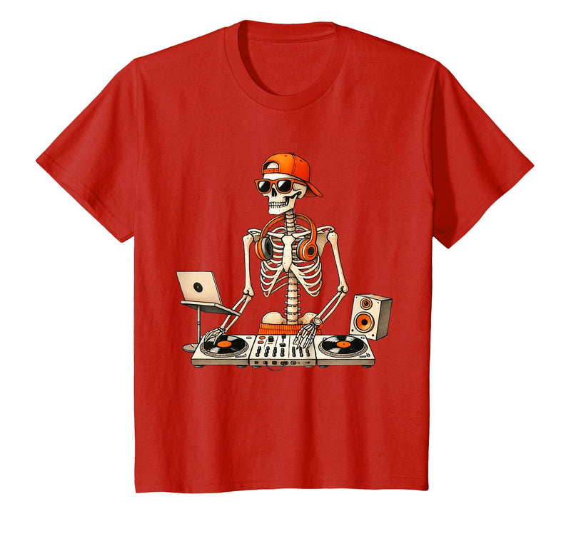 Funny Skeleton DJ Halloween Men Outfit Skeleton DJ Halloween Costume Turntable Music Funny Men Boys T-Shirt - Red