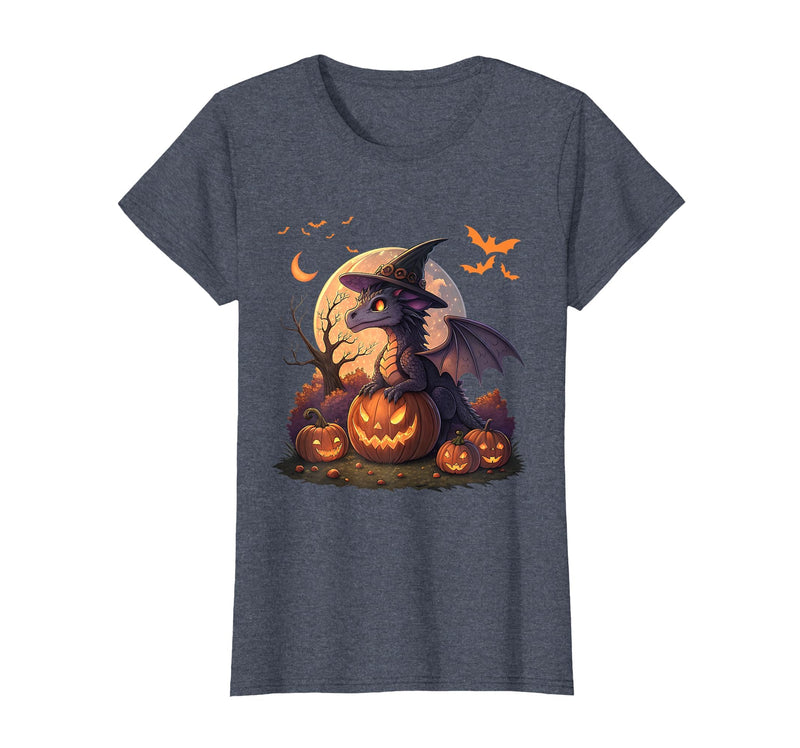 Halloween Dragons Fantasy Spooky Witchy Cute Halloween Dragon Witch Hat Pumpkin Moon Fantasy T-Shirt - Heather Blue