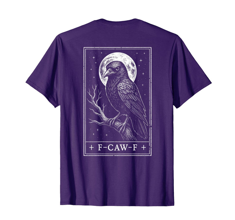 F-CAW-F Meme Raven Gothic Halloween Graphic Tees F-CAW-F Crow Tarot Card Funny Halloween Vintage On Back T-Shirt - Purple