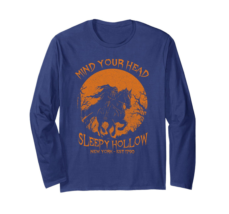Mind Your Head Sleepy Hollow Headless Horseman Halloween Long Sleeve T-Shirt - Navy Blue