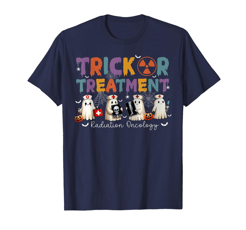 Radiation Oncology Therapist Halloween Costume Trick Or Treatment Radiation Oncology Halloween Rad Therapy T-Shirt - Navy