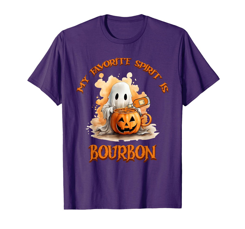 Boo Watercolor Pumpkin Cup Light Witch Hat Bottle Bourbon My Favorite Spirit is Bourbon Happy Halloween Boo T-Shirt - Purple
