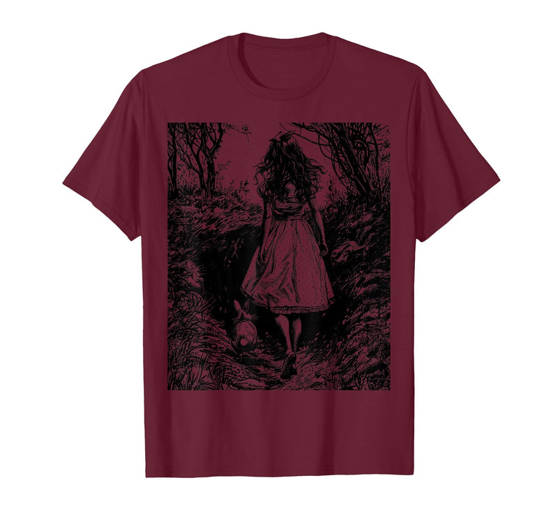 Alice in Wonderland - Down the Rabbit Hole Fantasy Vintage T-Shirt in Burgundy