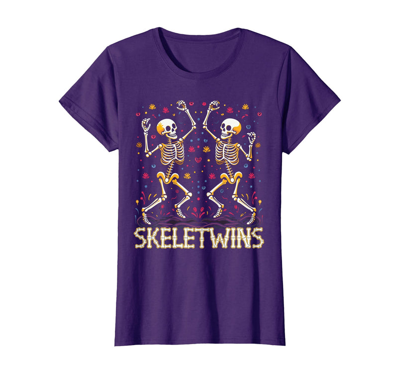 Spirit Week Twin Day Skeletwins Halloween Twins Dancing Skeletons Twins Halloween Matching Skeletwins T-Shirt - Purple