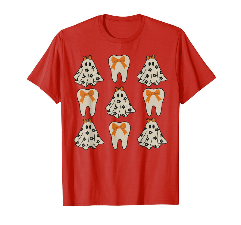 Dentist Dental Halloween Costume Tee Gifts Floral Ghost Teeth Dental Dentist Halloween Costume T-Shirt - Red