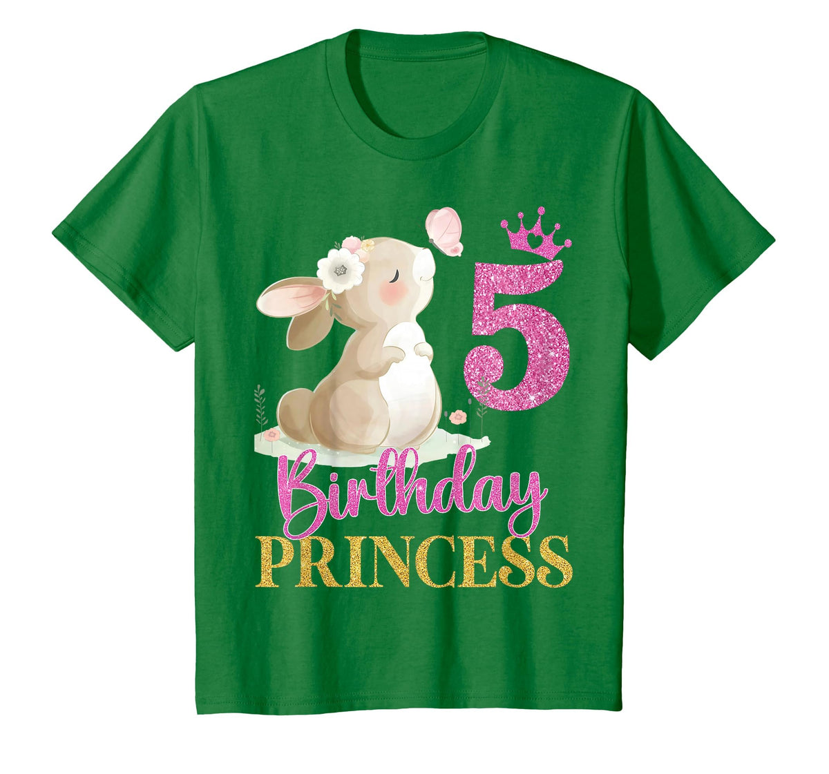 Kids 5th Birthday Rabbit Princess Girl Bunny 5 Years Old T-Shirt in Kelly Green