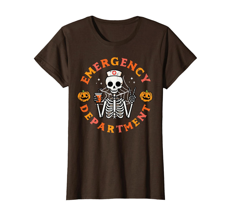 Halloween Nurse Shirts For Women Scrub Costumes Emergency Department Funny Halloween ER Nurse Women Men T-Shirt - Brown