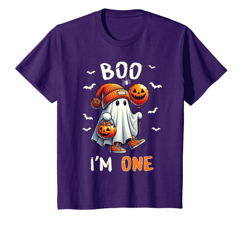 Halloween Boo I'm First 1st Birthday Boy Boo I'm One Ghost 1st Birthday Halloween Boy Kids Groovy T-Shirt - Purple