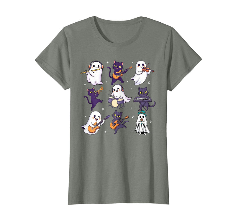 Halloween Music Teacher Ghost Music Lover Cute Ghost Cat Playing Musical Halloween Music Teacher T-Shirt - Olive Heather