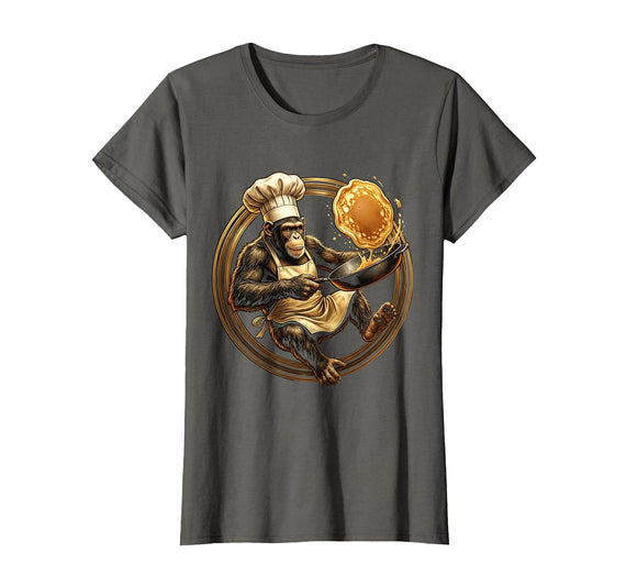 Mademark Funny Monkey Chef Flipping Pancakes Graphic Tee T-Shirt - Women - Asphalt Grey