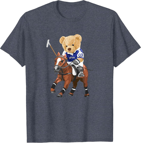Cool Teddy Bear Playing Horse Polo Game Illustration Graphic T-Shirt - Heather Blue