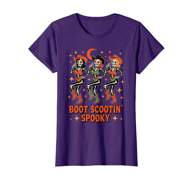 Dancing Skeleton Girls Retro Country Halloween Tee Boot Scootin Cowgirl Spooky Western Line Dance T-Shirt - Purple