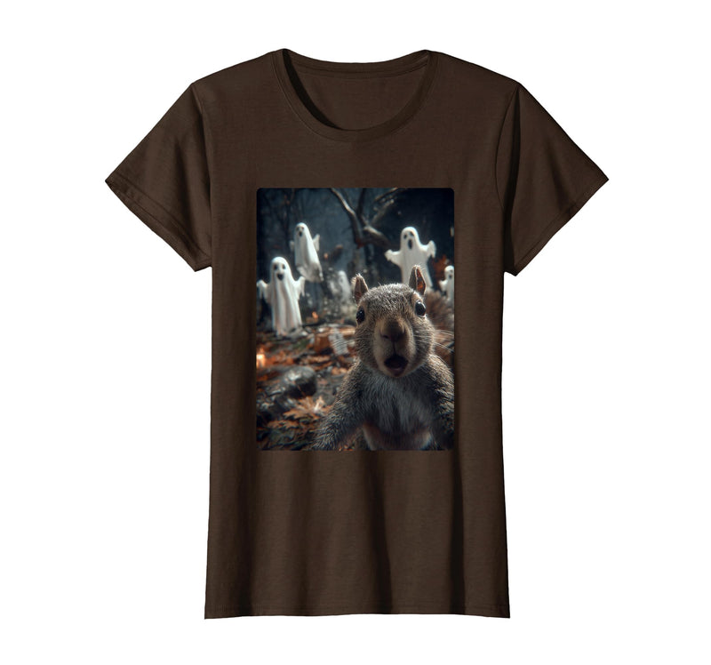 Funny Halloween Animals Selfies Clothing Funny Squirrel Selfie with Ghosts Haunted Forest Halloween T-Shirt - Brown