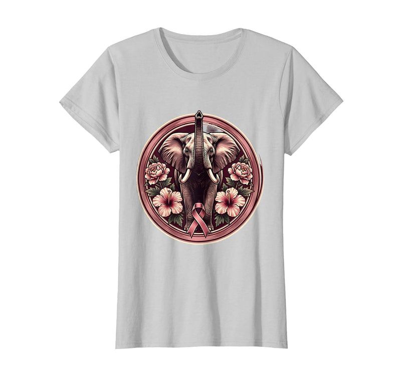 Mademark Elephant Pink Flowers Breast Cancer Awareness T-Shirt - Women - Silver Grey